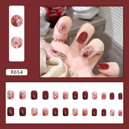 Rose red gold foil smudges press on nail with 24pcs nails