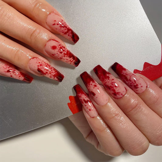 Blood blooming design coffin long type red color women preoss on nail