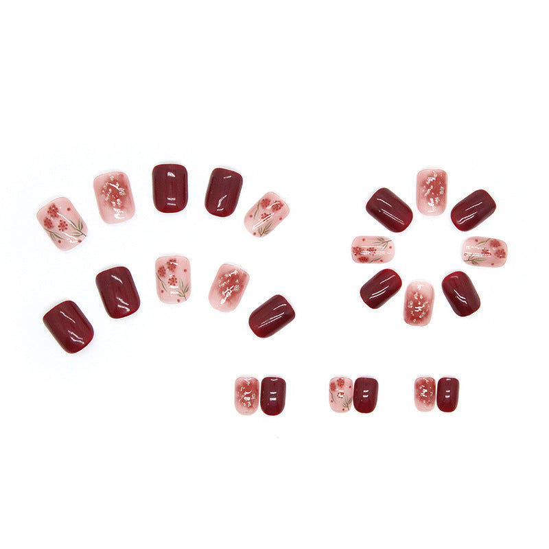 Rose red gold foil smudges press on nail with 24pcs nails