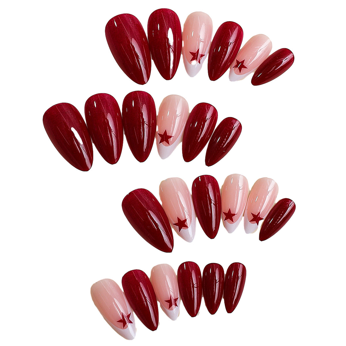 Wine red pure color women nail wear French design star pattern press on nail