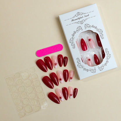 Wine red pure color women nail wear French design star pattern press on nail