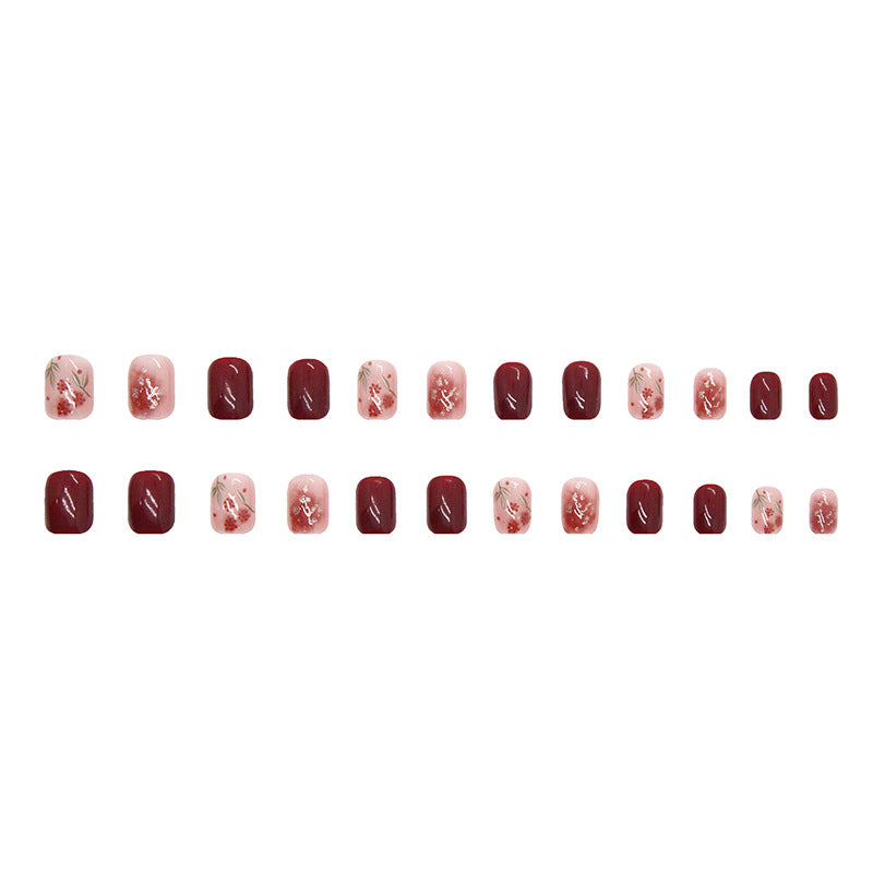 Rose red gold foil smudges press on nail with 24pcs nails