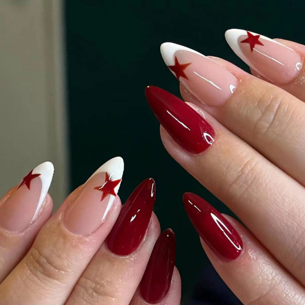 Wine red pure color women nail wear French design star pattern press on nail