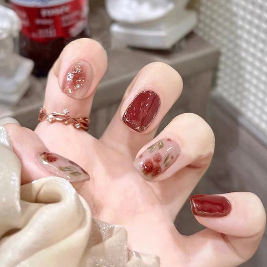 Rose red gold foil smudges press on nail with 24pcs nails