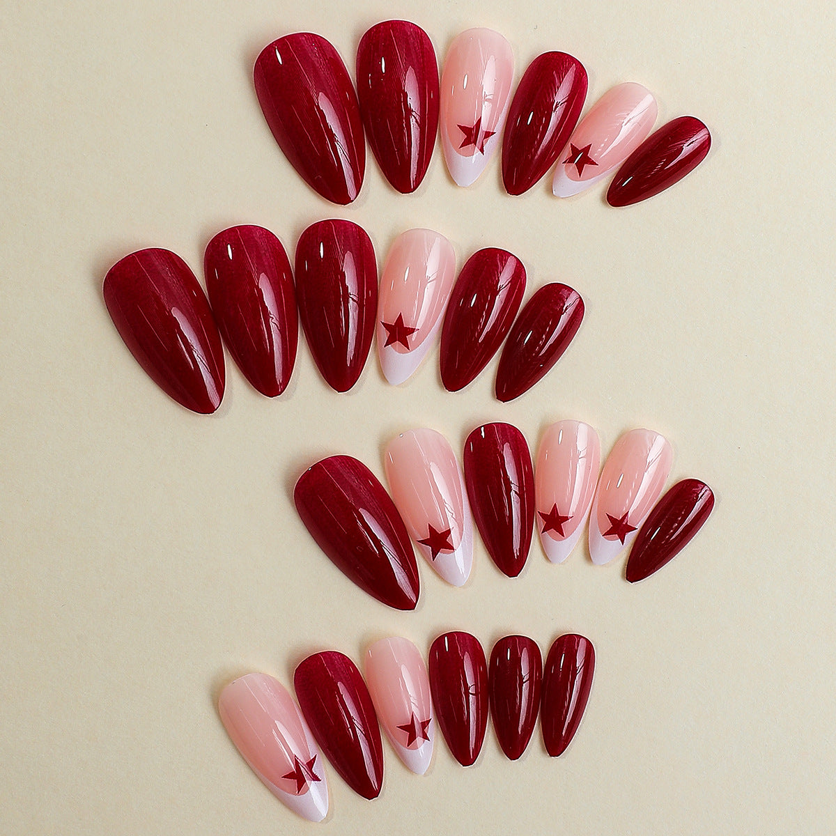 Wine red pure color women nail wear French design star pattern press on nail