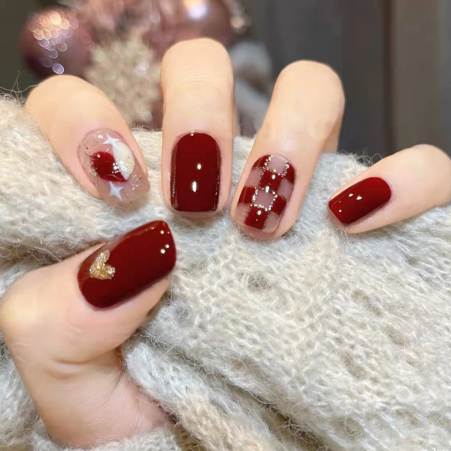 Beautiful red checkerboard sweet short press on nail