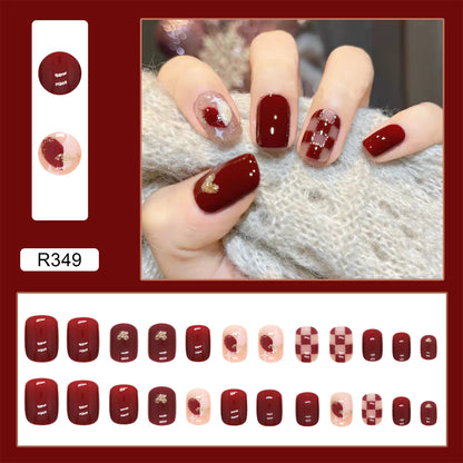 Beautiful red checkerboard sweet short press on nail