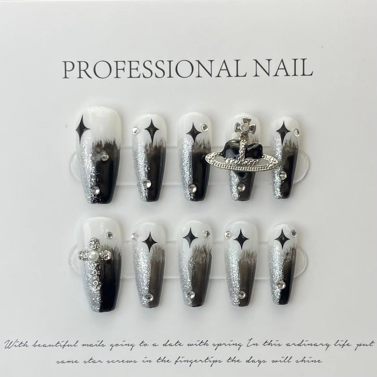 Silver-black high-end galaxy nail art press on elegant nails