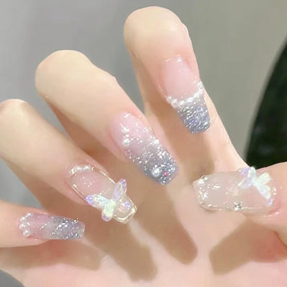 Silver bling translucent color long press on nail with pearl and butterfly