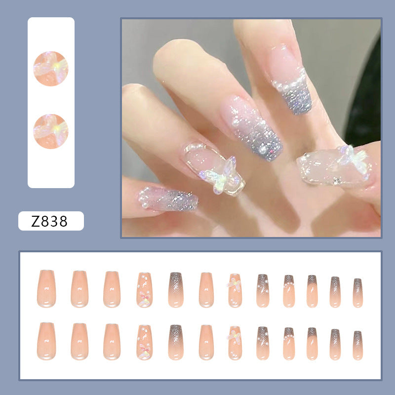 Silver bling translucent color long press on nail with pearl and butterfly