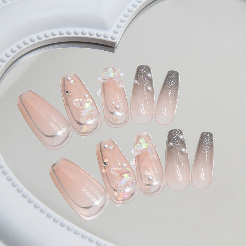 Silver bling translucent color long press on nail with pearl and butterfly