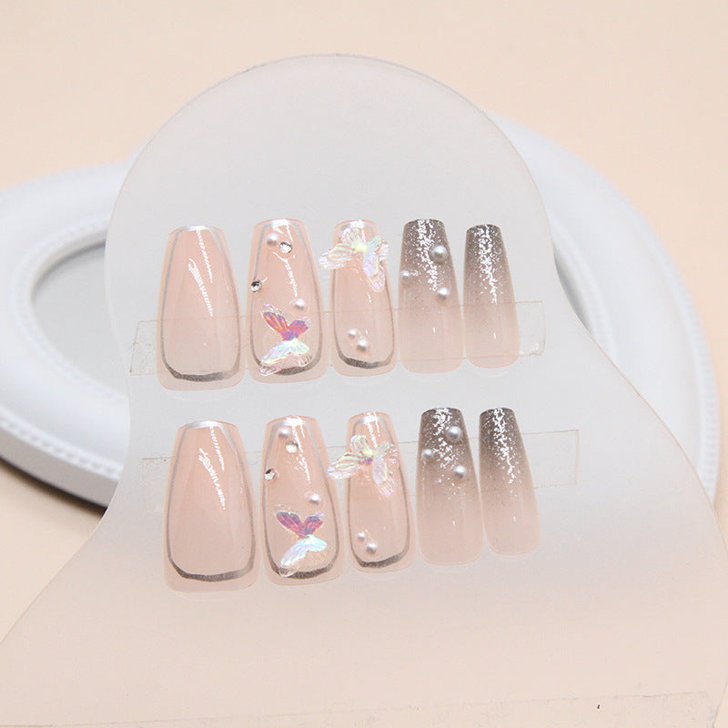 Silver bling translucent color long press on nail with pearl and butterfly