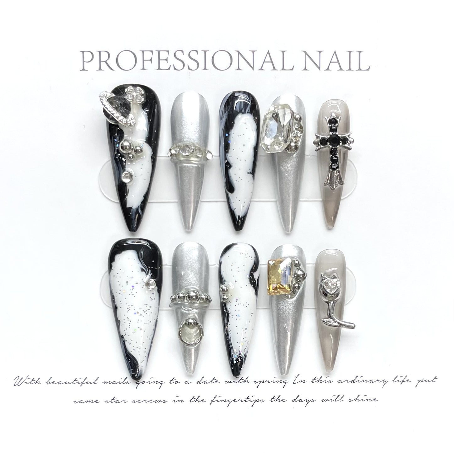 Silver-white nail art cross long almond nail