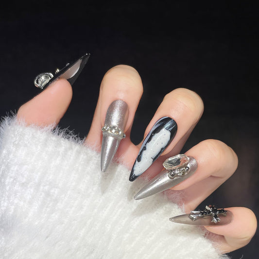 Silver-white nail art cross long almond nail