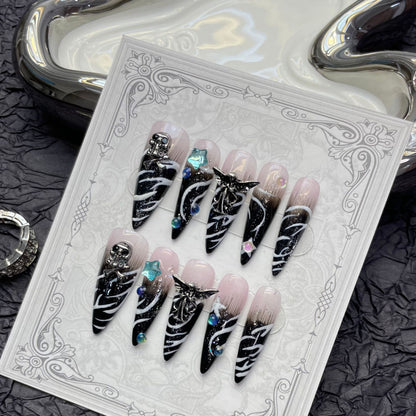 High end punk gothic style retro skull black almond Nail Art Kits Press-On Nails