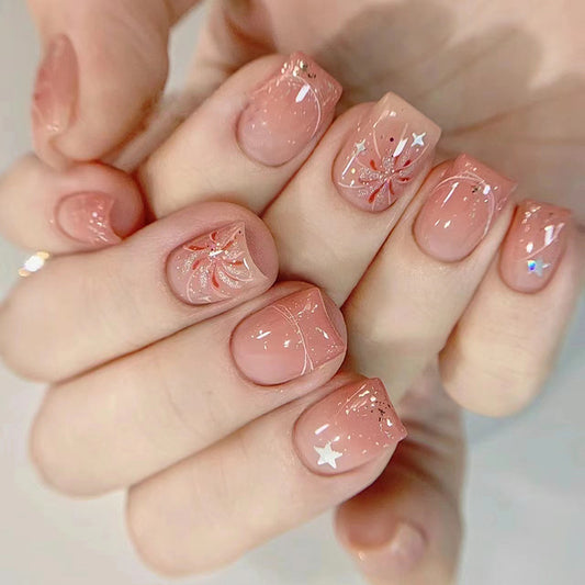 Short small design pink cheek color fireworks pattern press on nail