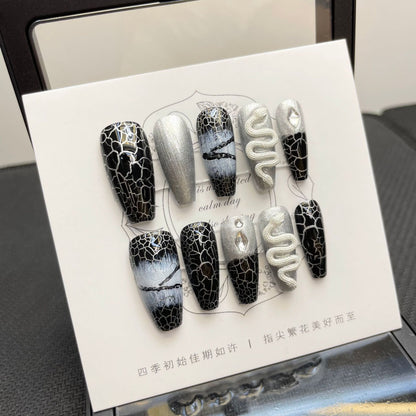 Black-Silver snake pattern dark style Instant nails pregnant women false nail