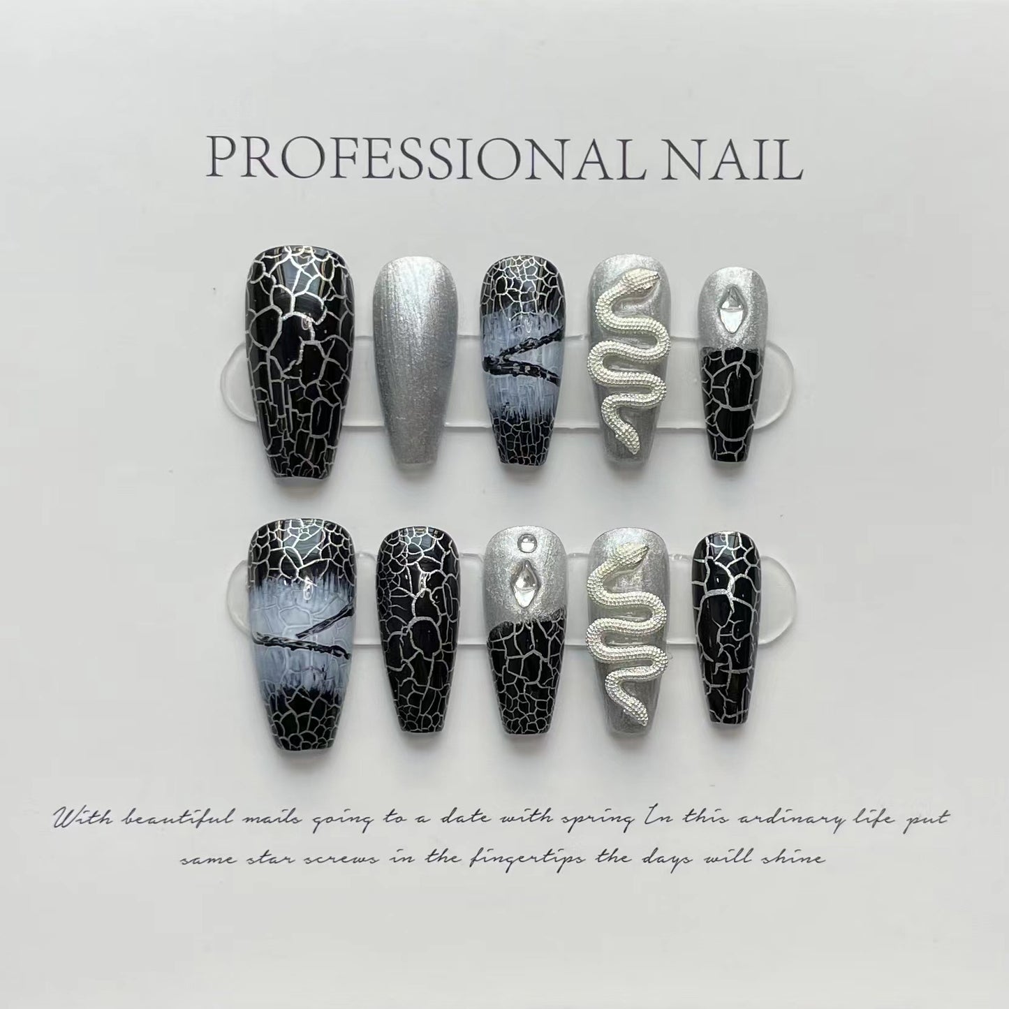 Black-Silver snake pattern dark style Instant nails pregnant women false nail