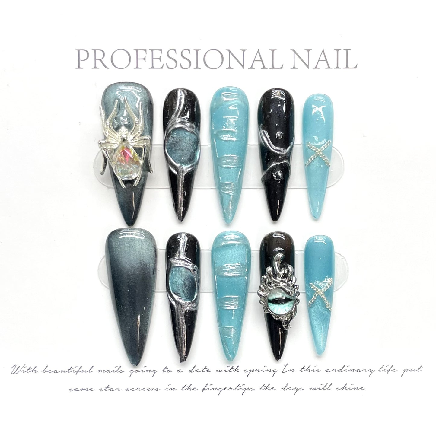 Long Water Drop Spider Blue Black High Grade Nail Art Affordable Fake Nails