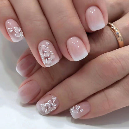 Free Shipping Short square white flower fashionable fake nails