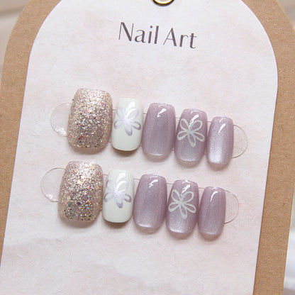 10pcs fake nail fashion light violet white bling gold press on nail