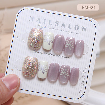 10pcs fake nail fashion light violet white bling gold press on nail