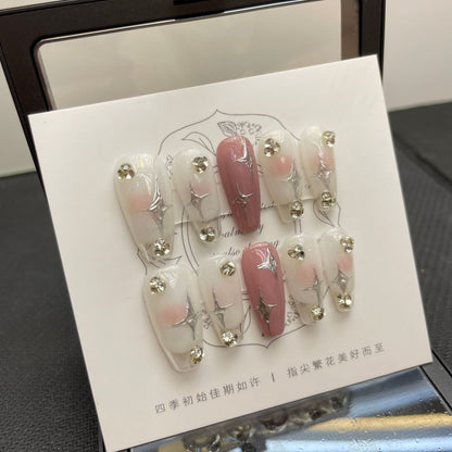 Star diamond flashing nail art Press on French tip nails