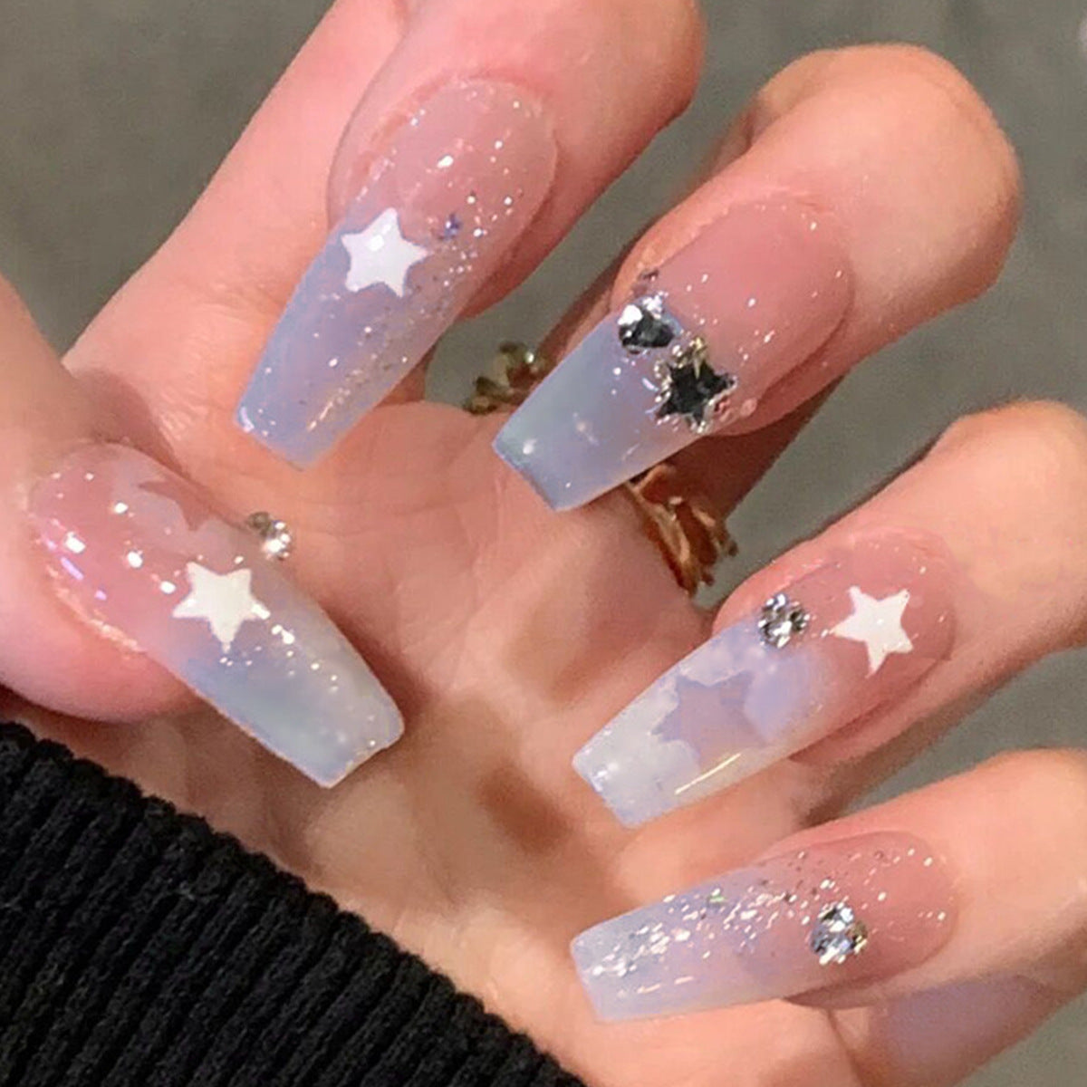 Bling star pattern coffin long women nail light violet French design diamond press on nail