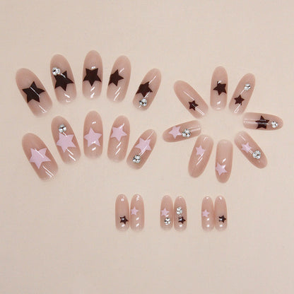 Double color star pattern fashion oval shape nude color press on nail with damond