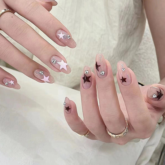 Double color star pattern fashion oval shape nude color press on nail with damond