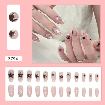 Double color star pattern fashion oval shape nude color press on nail with damond