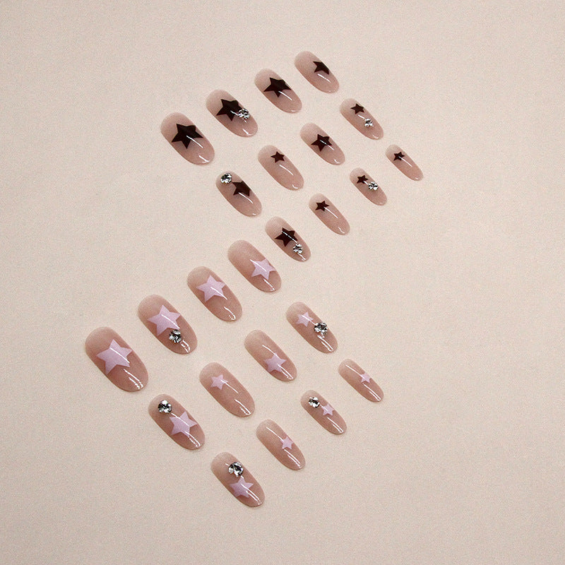 Double color star pattern fashion oval shape nude color press on nail with damond