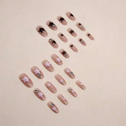 Double color star pattern fashion oval shape nude color press on nail with damond