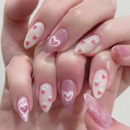 Bling pink nude white strawberry pattern almond 24pcs nail wearing