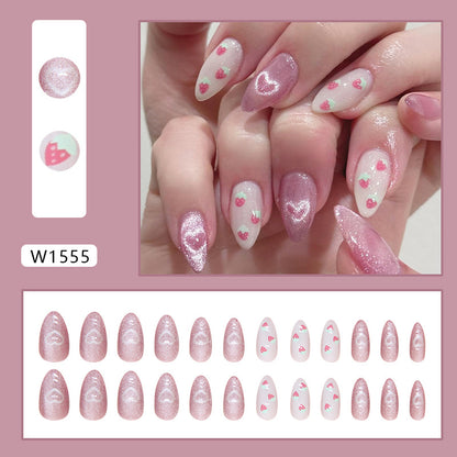 Bling pink nude white strawberry pattern almond 24pcs nail wearing