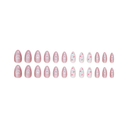 Bling pink nude white strawberry pattern almond 24pcs nail wearing