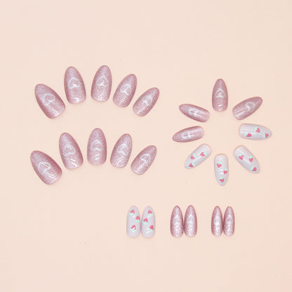 Bling pink nude white strawberry pattern almond 24pcs nail wearing