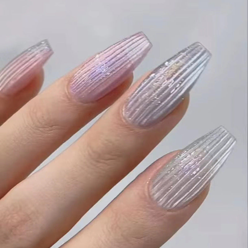 Coffin cat eye purple ballet T share stripe press on nail