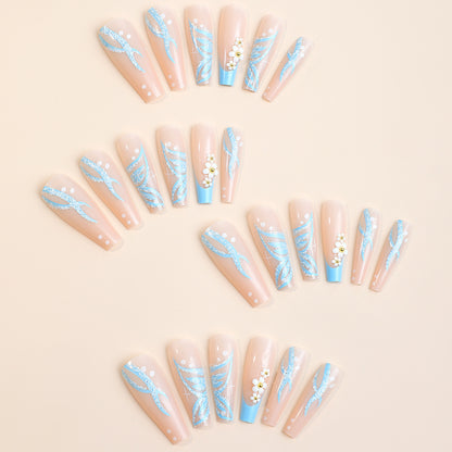 Blue stripe glitter powder 24pcs nail wear long coffin flore decoration press on nail