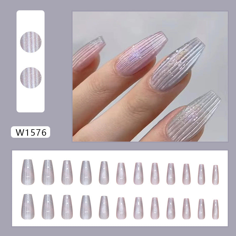 Coffin cat eye purple ballet T share stripe press on nail