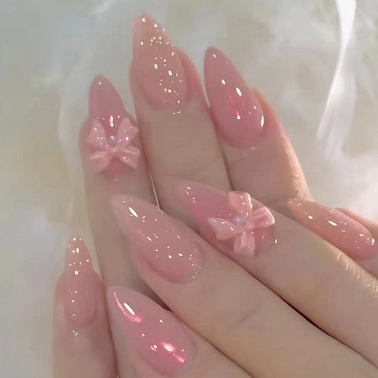 Buttlefly 3D decoration pure color buttom light pink sweet press on nail