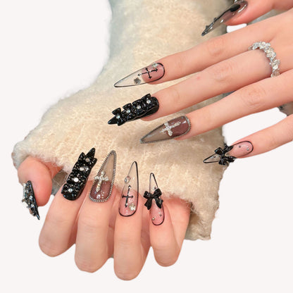 Pure handmade boutique dark goth nail art transparent fake nails