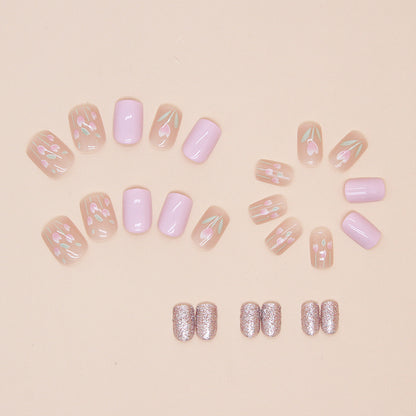 Tulip pattern light violet short fresh 24pcs cust press on nail