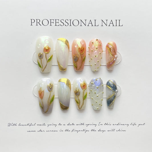 Hand-painted three-dimensional tulips removable press on nails