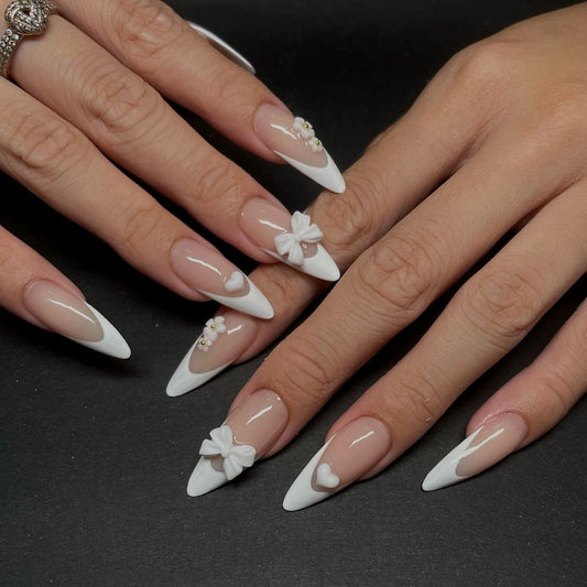 French white color design simple wedding press on nail with buttlerfly decoration