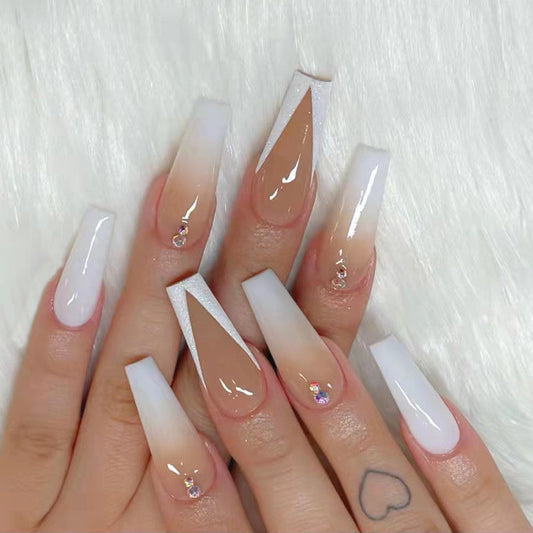 Free Shipping Long French gradient press on nail with diamond