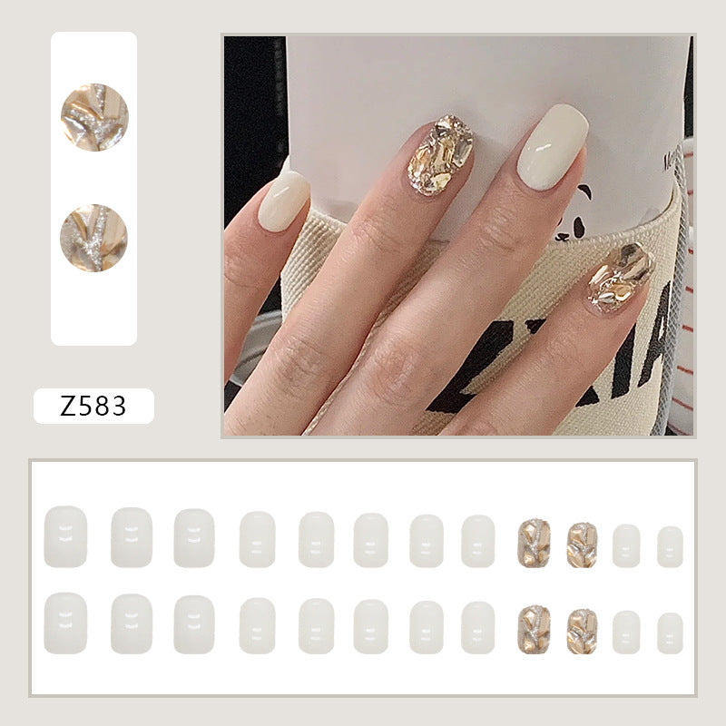 Beaustiful off-white color short crystal dimond gold press on nail