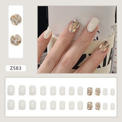 Beaustiful off-white color short crystal dimond gold press on nail