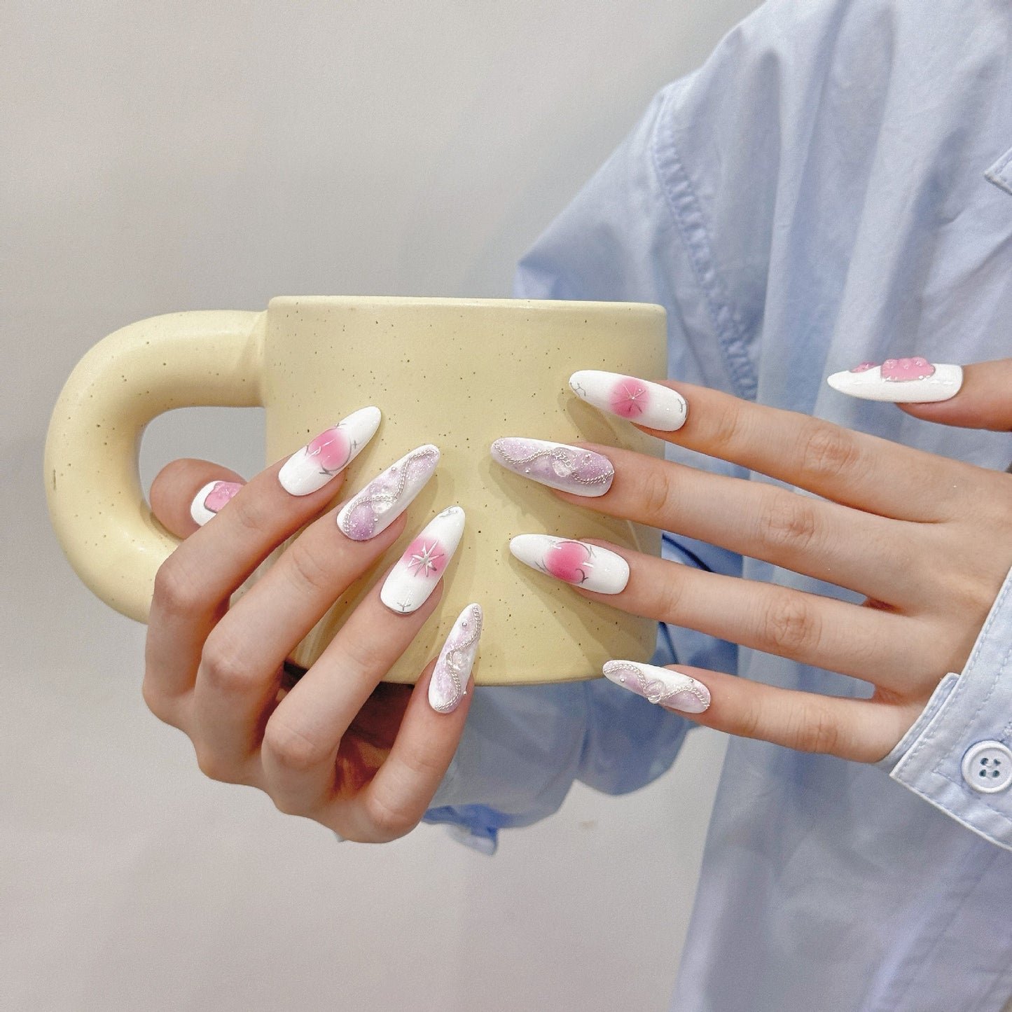 Handmade white pink nails gel elegant almond fake nail