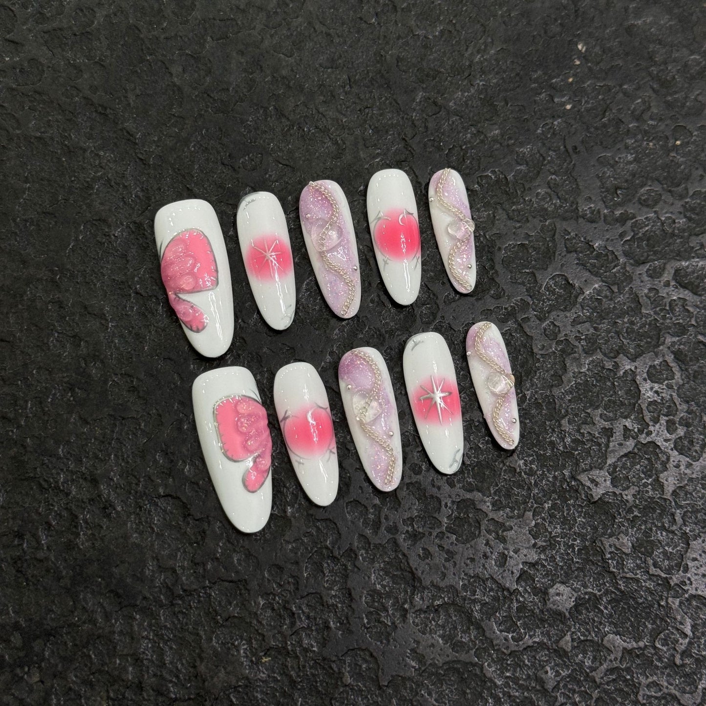 Handmade white pink nails gel elegant almond fake nail